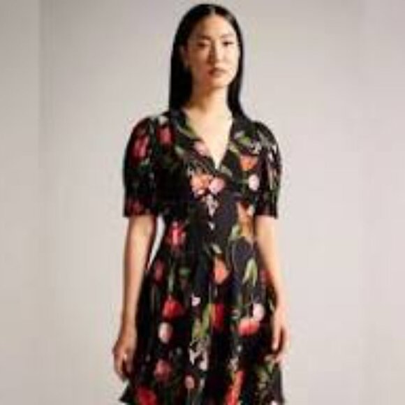 Ted Baker London Sienno black red pink floral puff sleeve mini dress size 12 - Picture 5 of 6